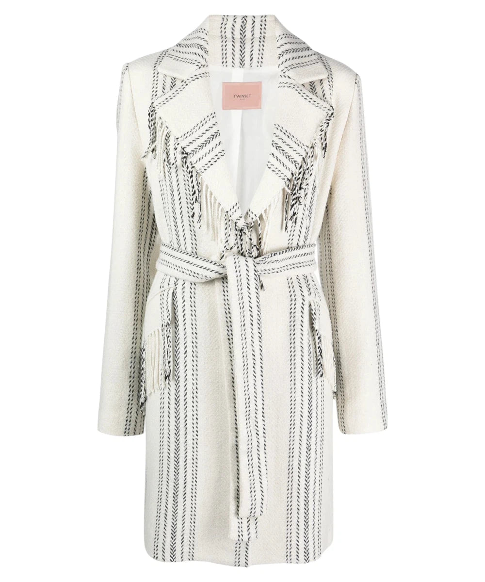 Jacquard Wool Blend Coat with Fringes Snow Stripe Black