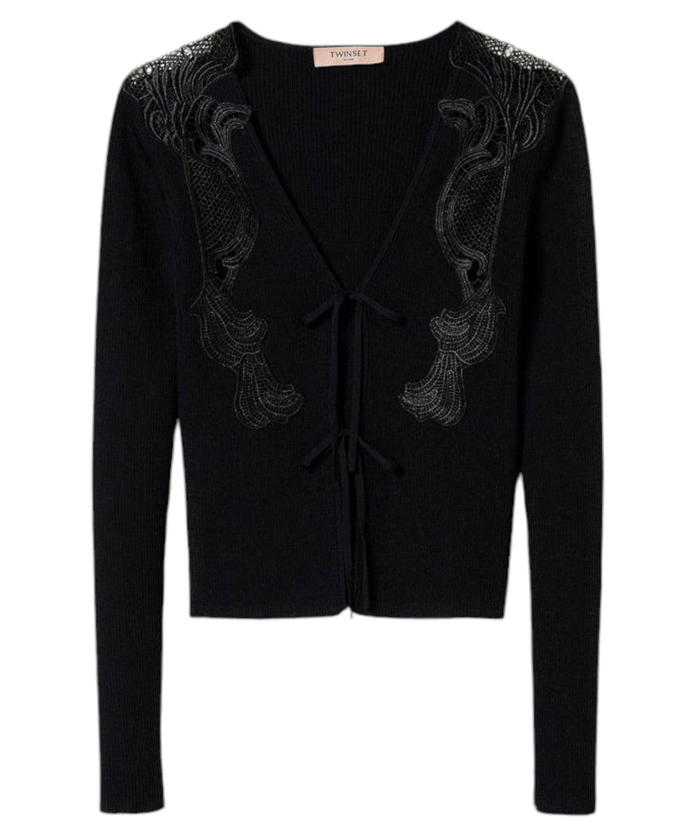 Cardigan Nero Twinset con Laccetti e Dettagli in Pizzo – Vittorio