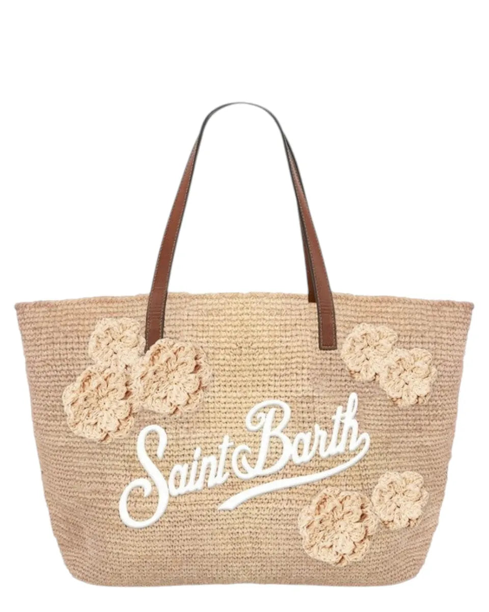 City midi bag in raffia with leather handles and crochet flowers