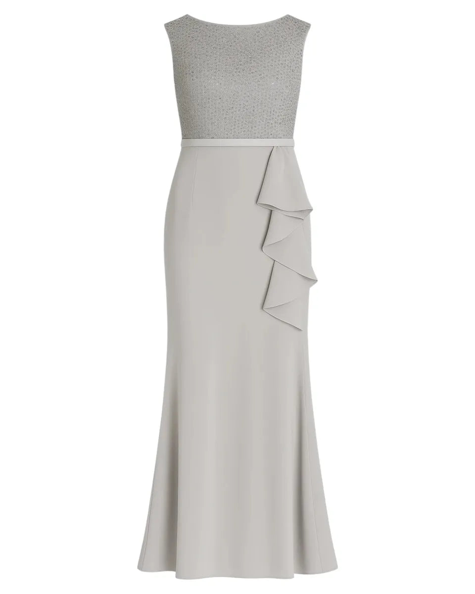 Elegant long polyester dress with decorated bodice, sleeve and flared  skirt, complete with matching stole  Vittorio Citro