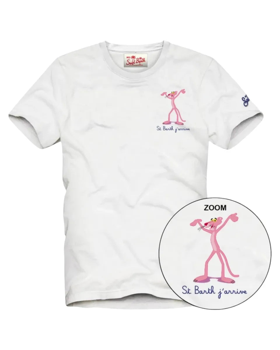 T-Shirt Saint Barth Bianca con Pantera Rosa in Cotone
