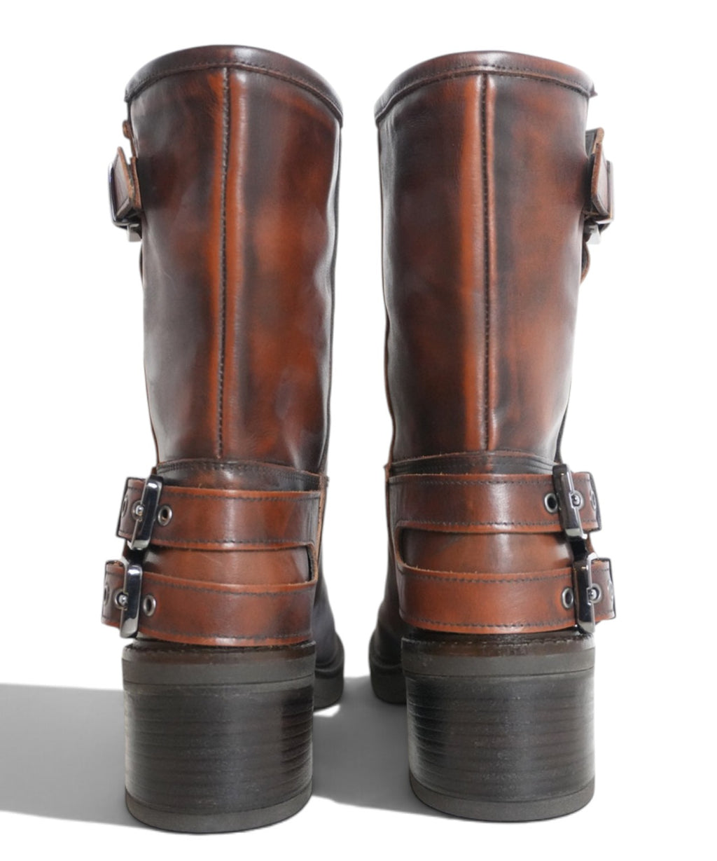 Archyve Women's Distressed Leather Biker Boots with Buckles