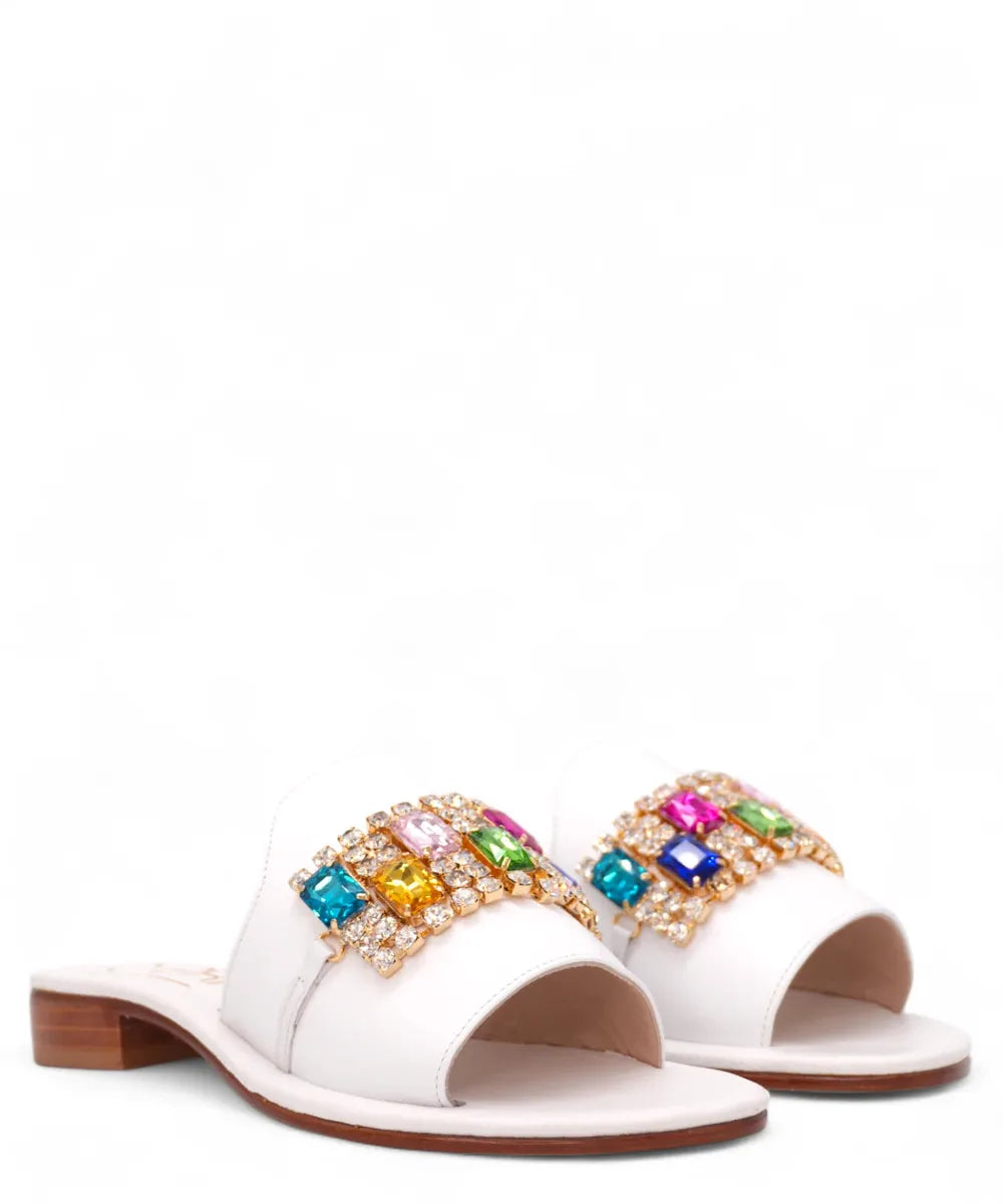 Ciabatta Caprese in Pelle Bianca con Applicazioni Multicolor-Capri Vittorio Citro-Ciabatte-Vittorio Citro Boutique