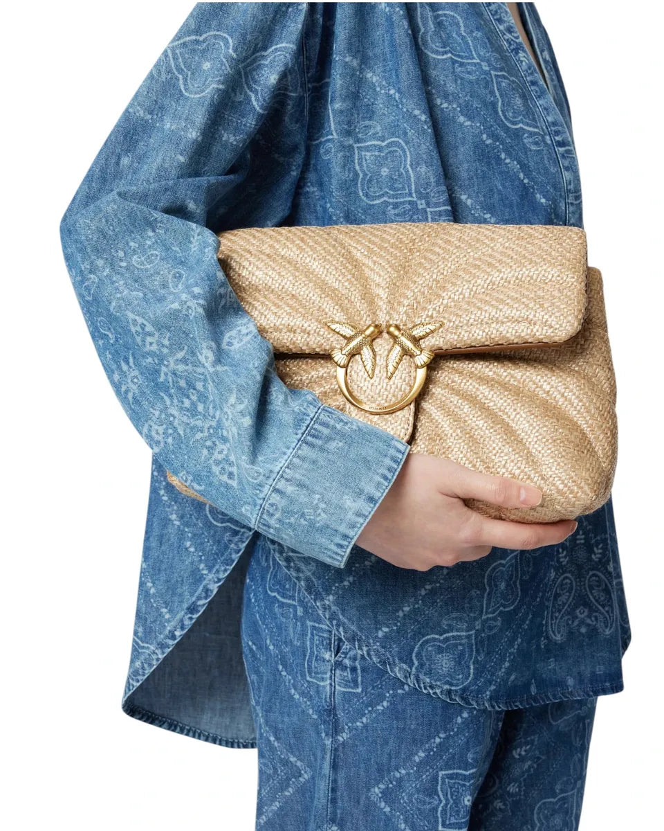 Love Bag Puff in rafia trapuntata con farfalla e fibbia Love Birds dorata-Pinko-Borse a spalla-Vittorio Citro Boutique