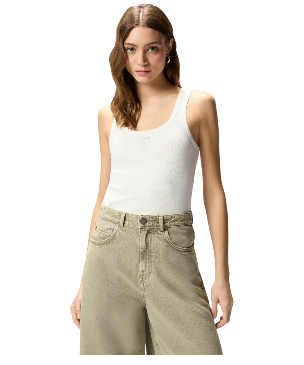 PINKO Stretch-Baumwoll-Tanktop mit Taschenrechner-Logo und Liebesvögeln