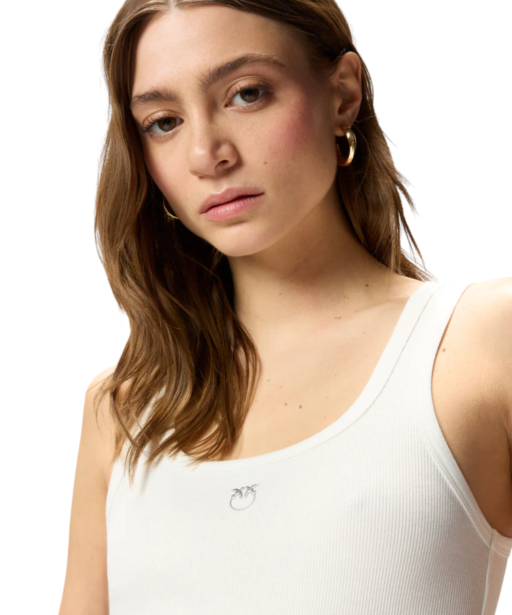 PINKO Stretch-Baumwoll-Tanktop mit Taschenrechner-Logo und Liebesvögeln