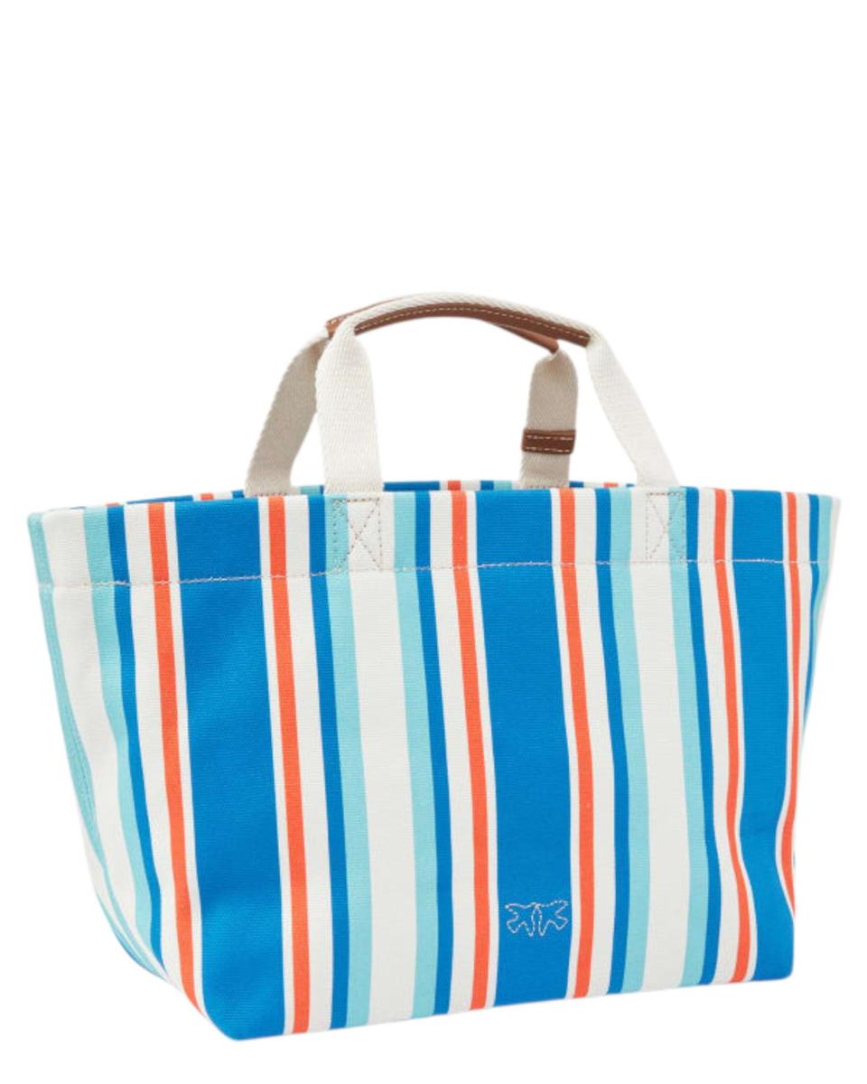 Shopper Media in Tela a Righe con Manici in Pelle e Logo Love Birds-Pinko-Borse a mano-Vittorio Citro Boutique