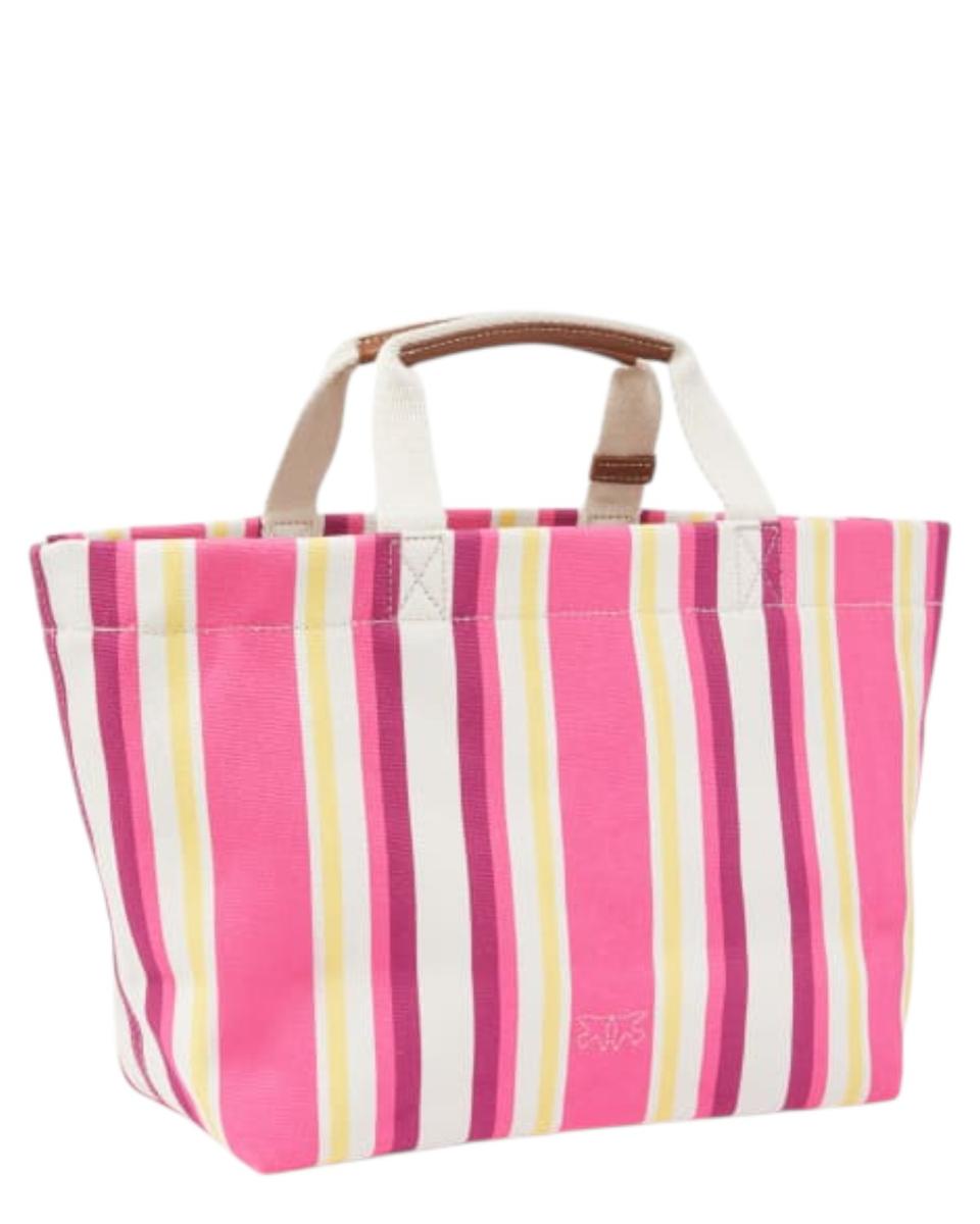 Shopper Media in Tela a Righe con Manici in Pelle e Logo Love Birds-Pinko-Borse a mano-Vittorio Citro Boutique