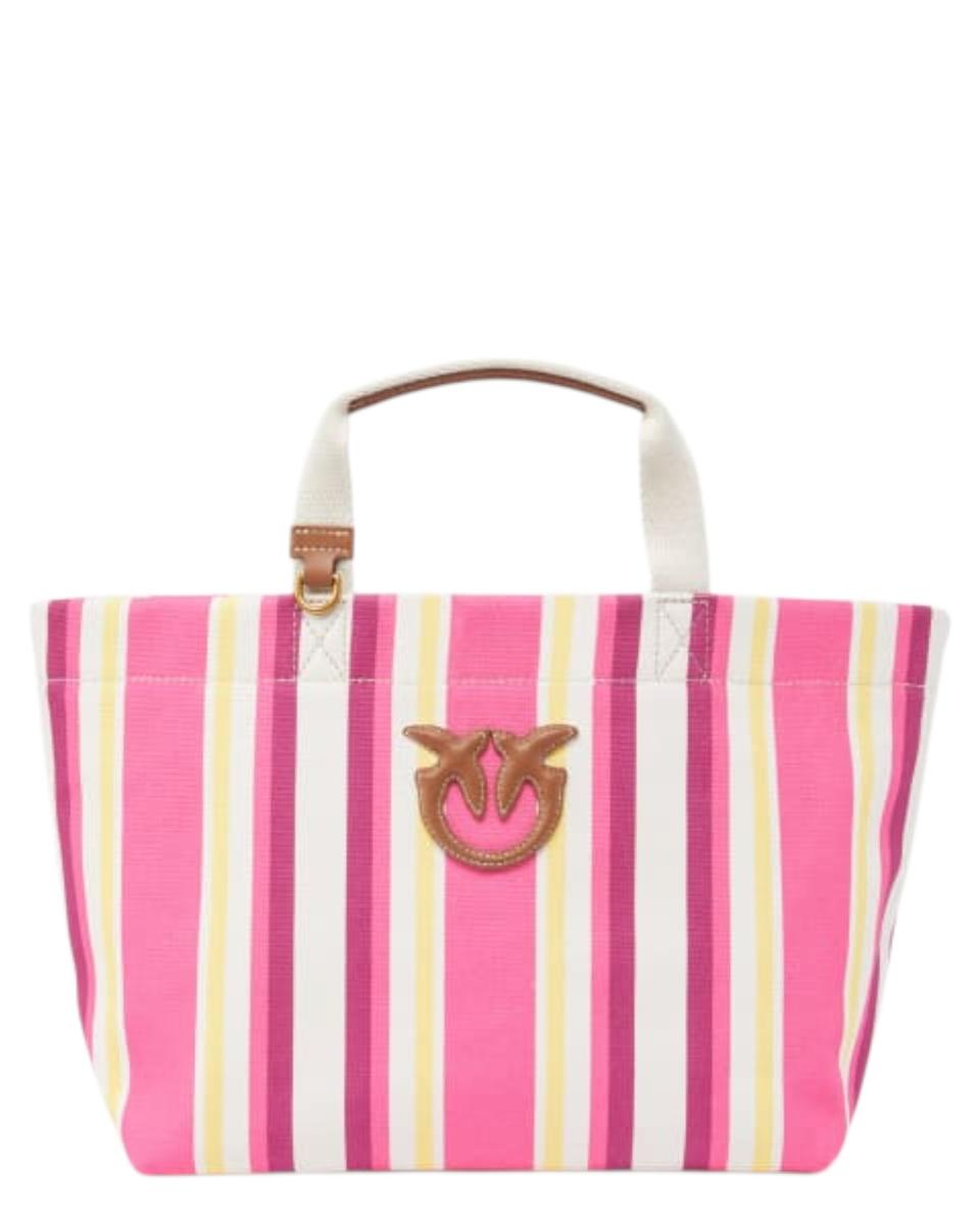 Shopper Media in Tela a Righe con Manici in Pelle e Logo Love Birds-Pinko-Borse a mano-Vittorio Citro Boutique