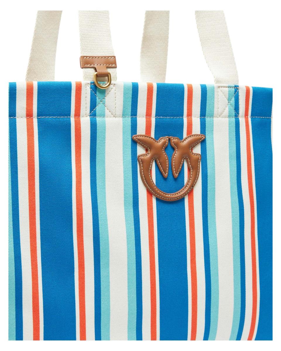 Borsa Shopper Maxi in Canvas a Righe con Logo Love Birds-Pinko-Borse a spalla-Vittorio Citro Boutique