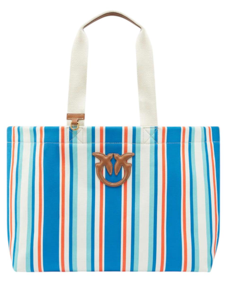 Borsa Shopper Maxi in Canvas a Righe con Logo Love Birds-Pinko-Borse a spalla-Vittorio Citro Boutique