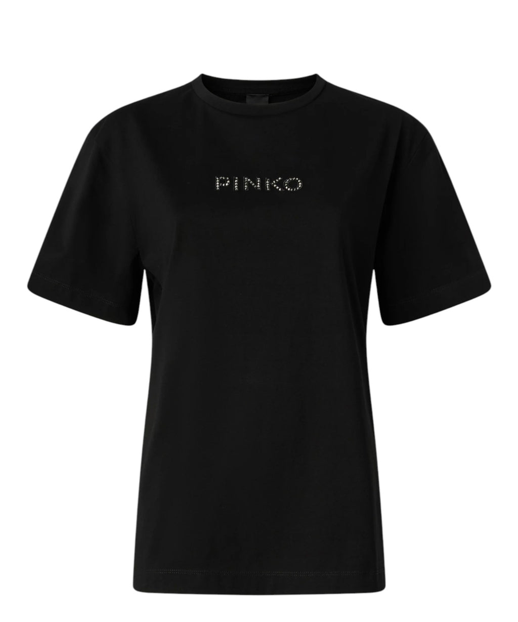 T-shirt con strass “More Strass Less Stress” di Pinko