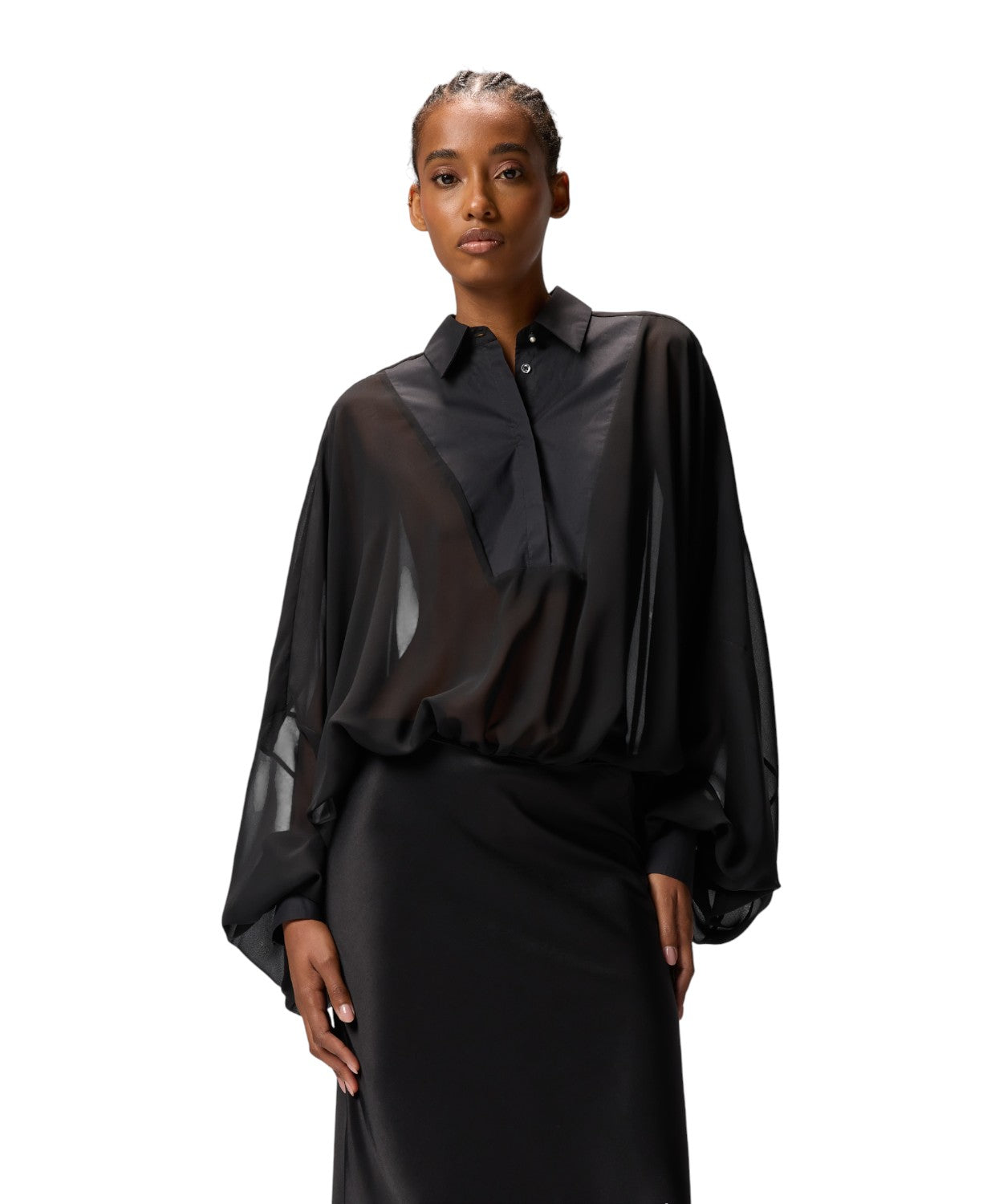 Body a blusa in chiffon con plastron e bottoni gioiello