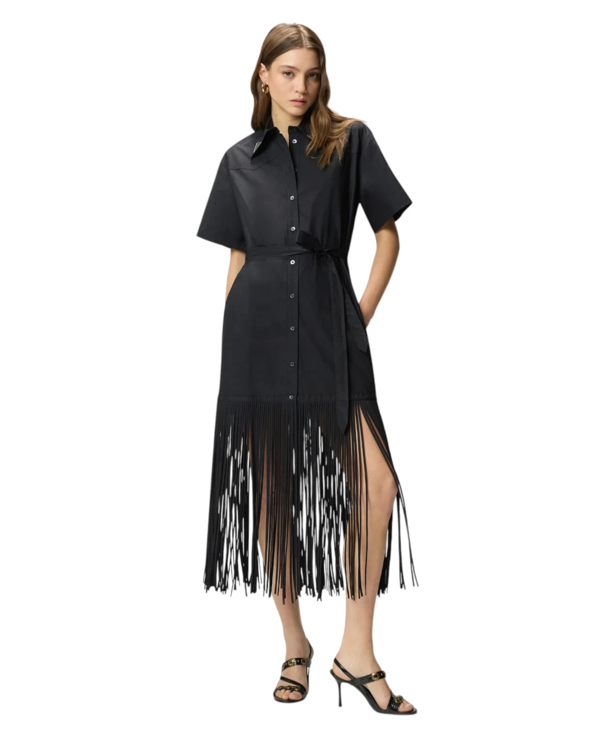 Abito AVIGLIANO Chemisier Lungo Pinko con Frange e Dettagli Metallici