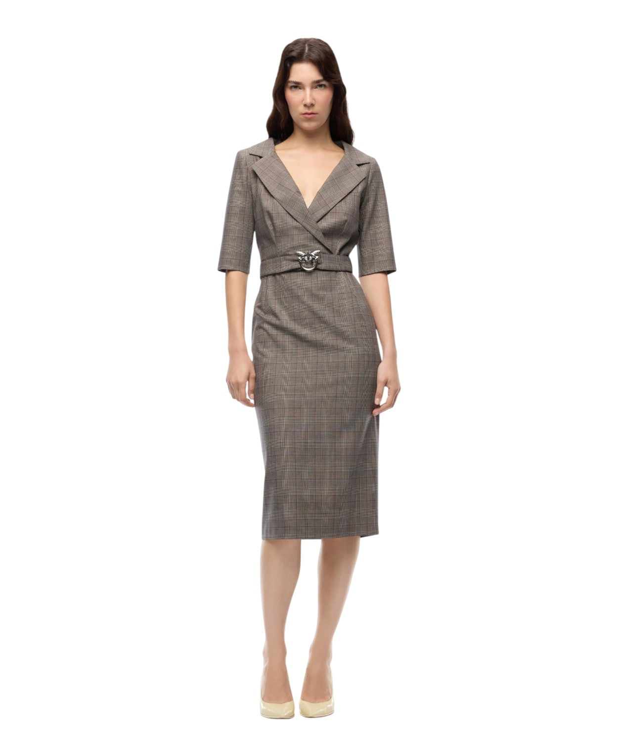 Abito Midi Check Misto Lana Pinko con Cintura Love Birds