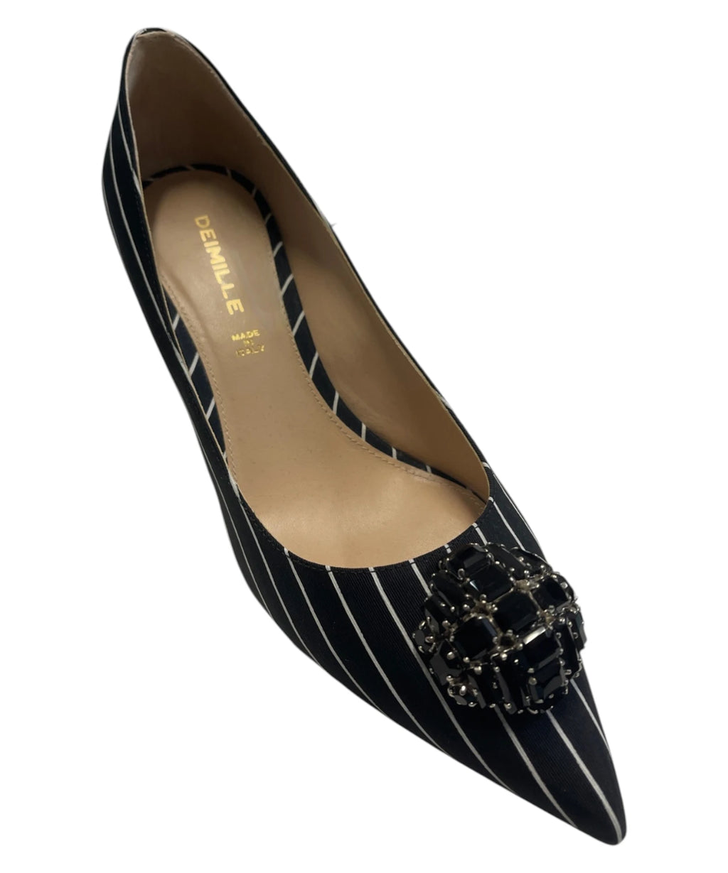 Tropea Black Striped Satin Decollete with Jewel