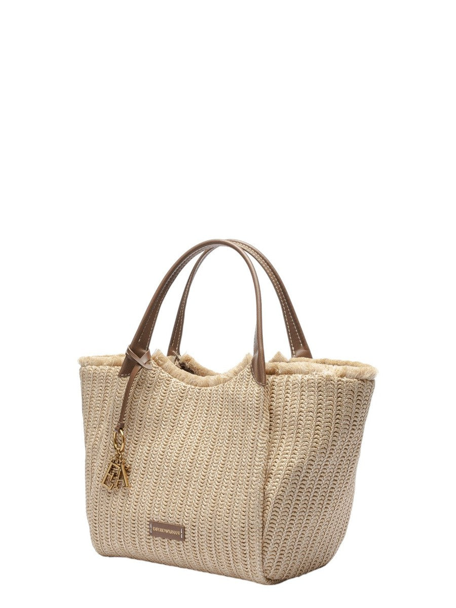 Shopper in paglia intrecciata con charm logo-Emporio Armani-Borse a spalla-Vittorio Citro Boutique