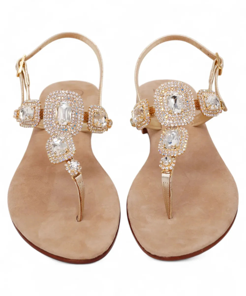 Sandalo Infradito Capri Gioiello in Pelle Oro con Maxi Pietre Luminose-Capri Vittorio Citro-Sandali-Vittorio Citro Boutique