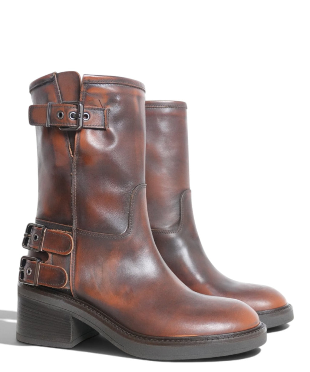 Archyve Women's Distressed Leather Biker Boots with Buckles