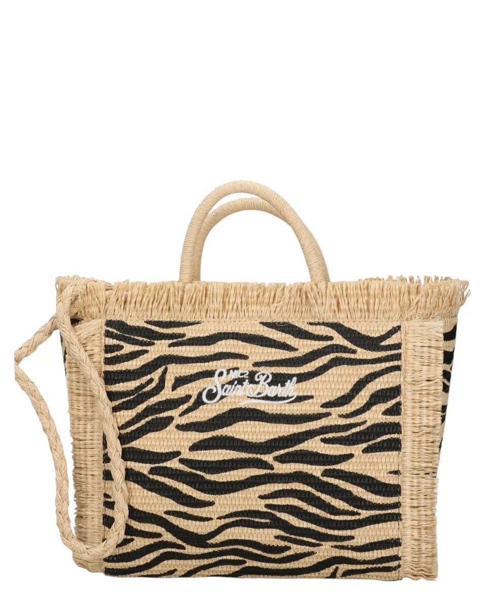 Borsa Colette in rafia zebrata con logo ricamato e tracolla-Mc2 Saint Barth-Borse a mano-Vittorio Citro Boutique