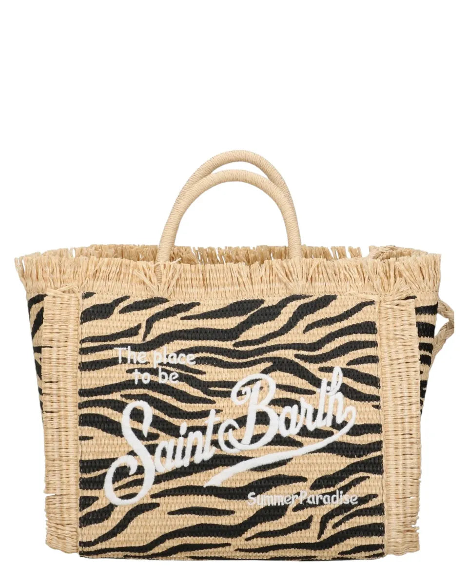 Borsa Colette in rafia zebrata con logo ricamato e tracolla-Mc2 Saint Barth-Borse a mano-Vittorio Citro Boutique
