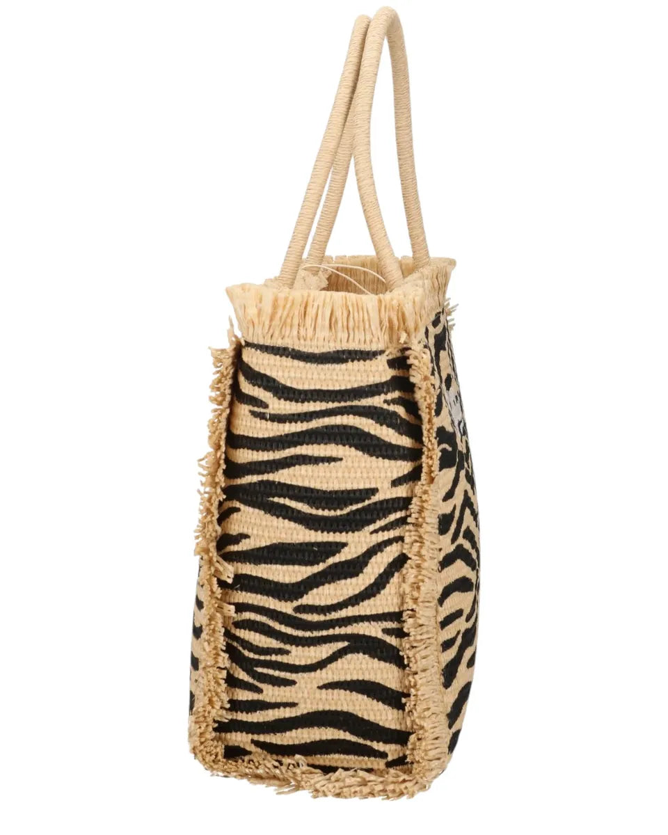 Borsa Vanity in rafia zebrata con frange e logo ricamato-Mc2 Saint Barth-Borse a spalla-Vittorio Citro Boutique