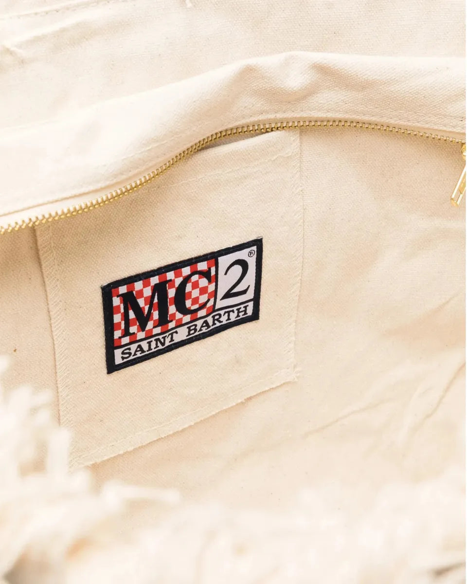 Borsa Vanity beige in cotone con ricamo e frange-Mc2 Saint Barth-Borse a spalla-Vittorio Citro Boutique