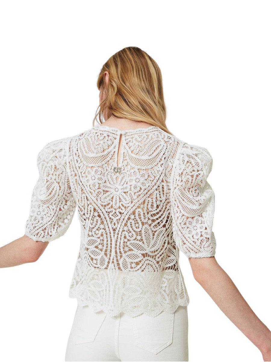 Maglia crochet effetto pizzo con maniche balloon-Twinset-T-shirt-Vittorio Citro Boutique