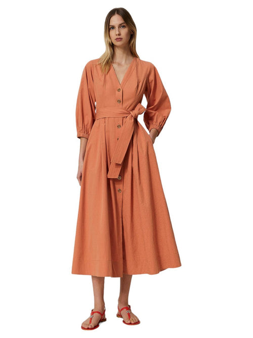 Cotton Poplin Longuette Shirt Dress Orange