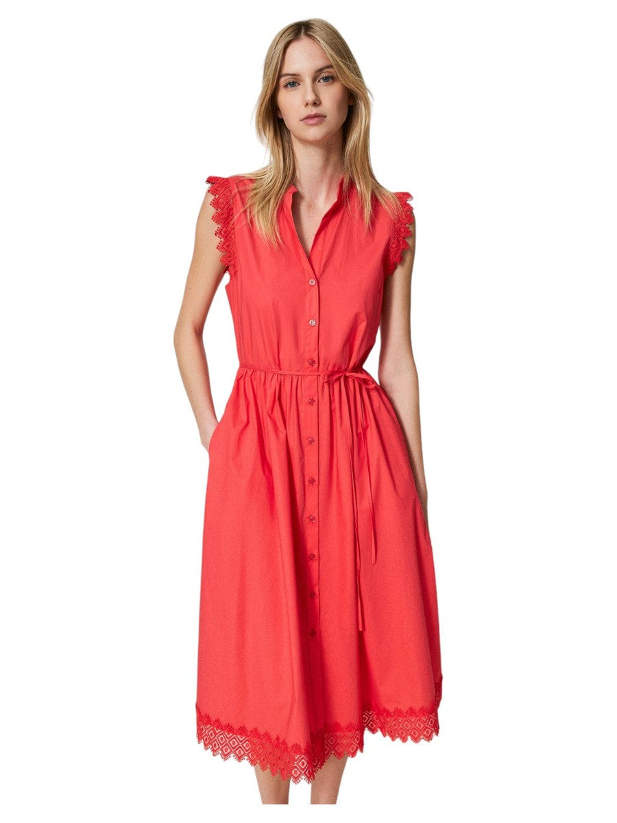 Abito longuette in popeline e macramè-Twinset-Abiti-Vittorio Citro Boutique