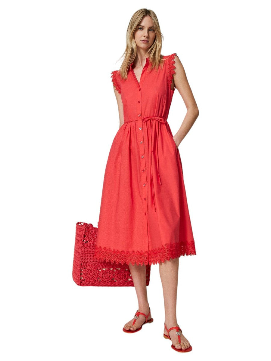 Abito longuette in popeline e macramè-Twinset-Abiti-Vittorio Citro Boutique