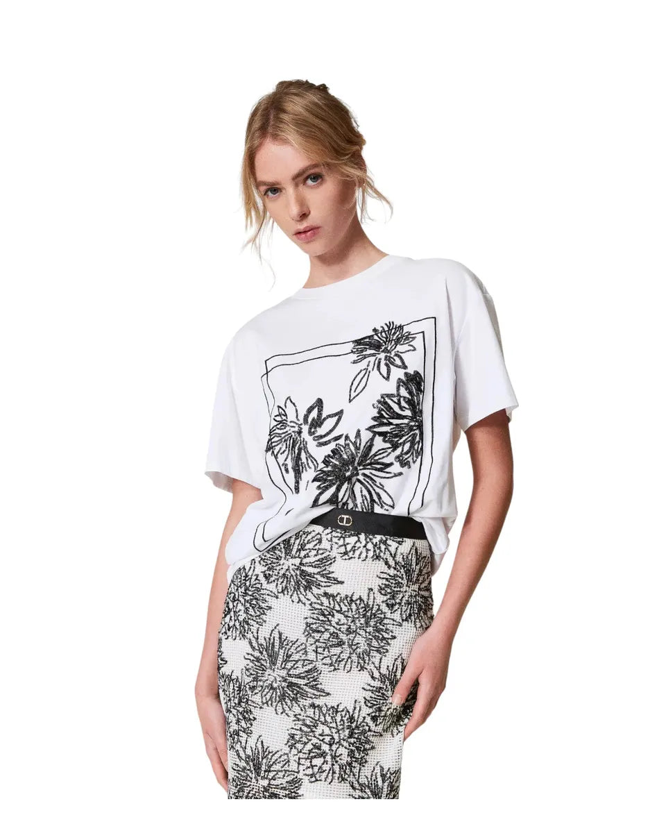 T-shirt in cotone con paillettes floreali-Twinset-T-shirt-Vittorio Citro Boutique