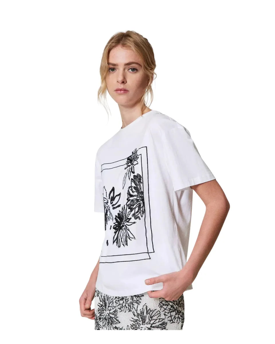 T-shirt in cotone con paillettes floreali-Twinset-T-shirt-Vittorio Citro Boutique