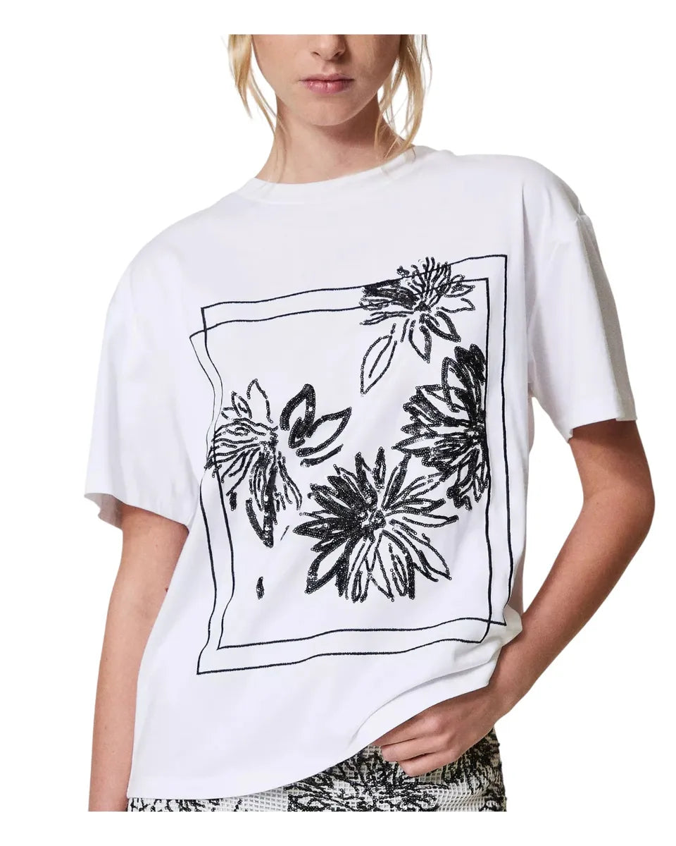 T-shirt in cotone con paillettes floreali-Twinset-T-shirt-Vittorio Citro Boutique