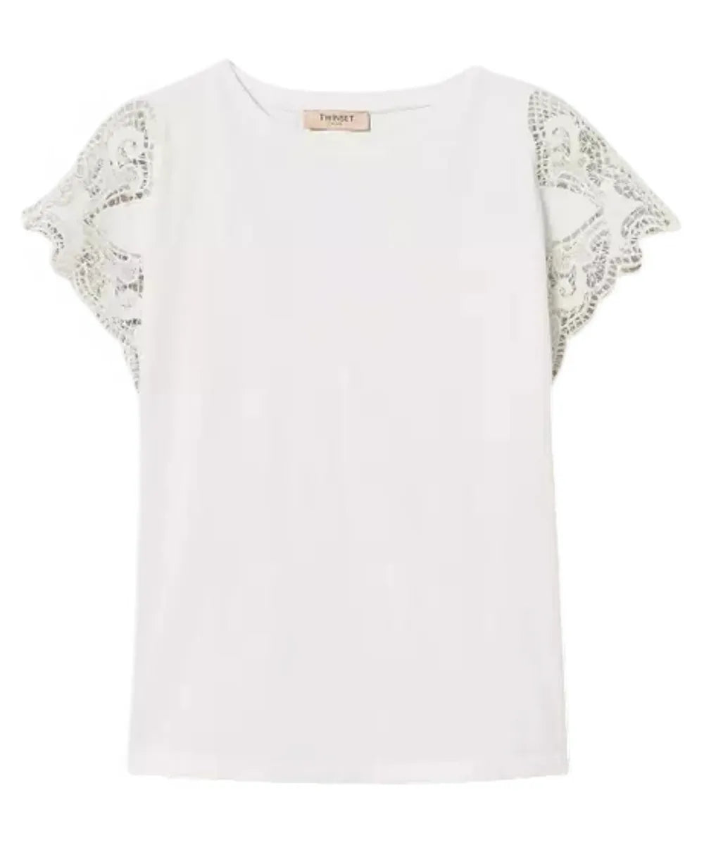 T-shirt in Cotone con Maniche in Pizzo Macramè-Twinset-T-shirt-Vittorio Citro Boutique