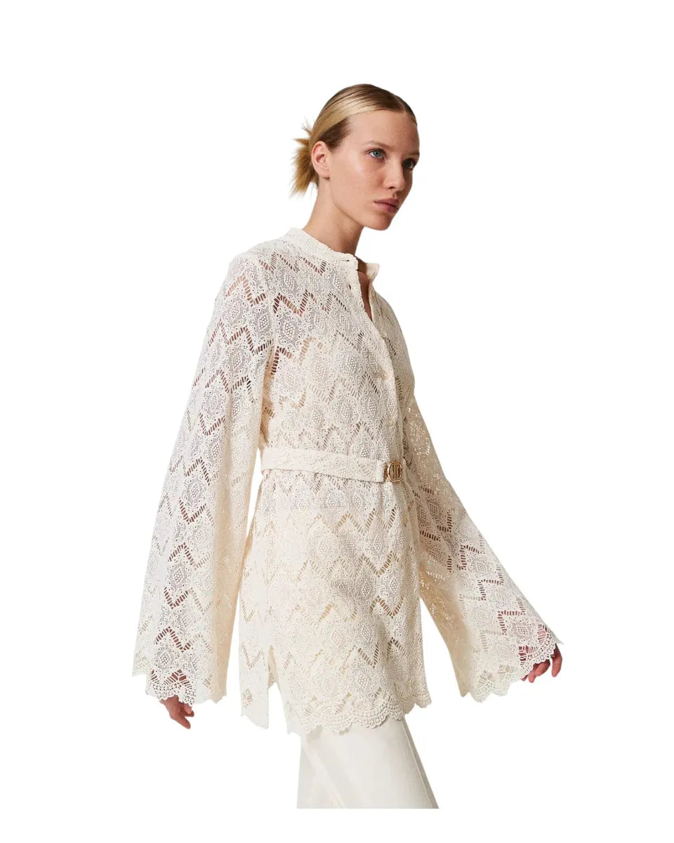 Maxi camicia in pizzo macramè con cintura e top abbinato-Twinset-Camicie-Vittorio Citro Boutique