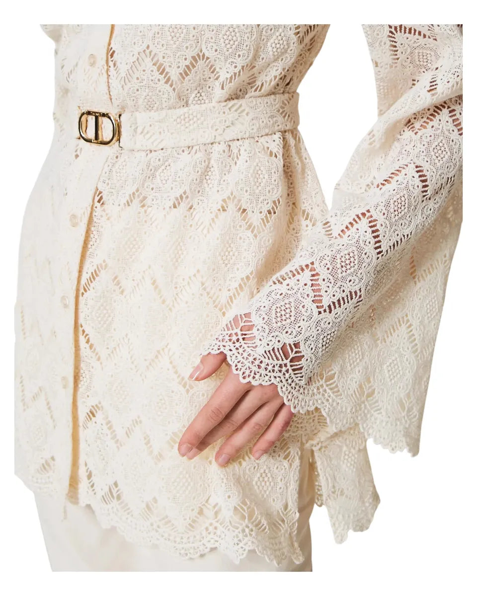 Maxi camicia in pizzo macramè con cintura e top abbinato-Twinset-Camicie-Vittorio Citro Boutique