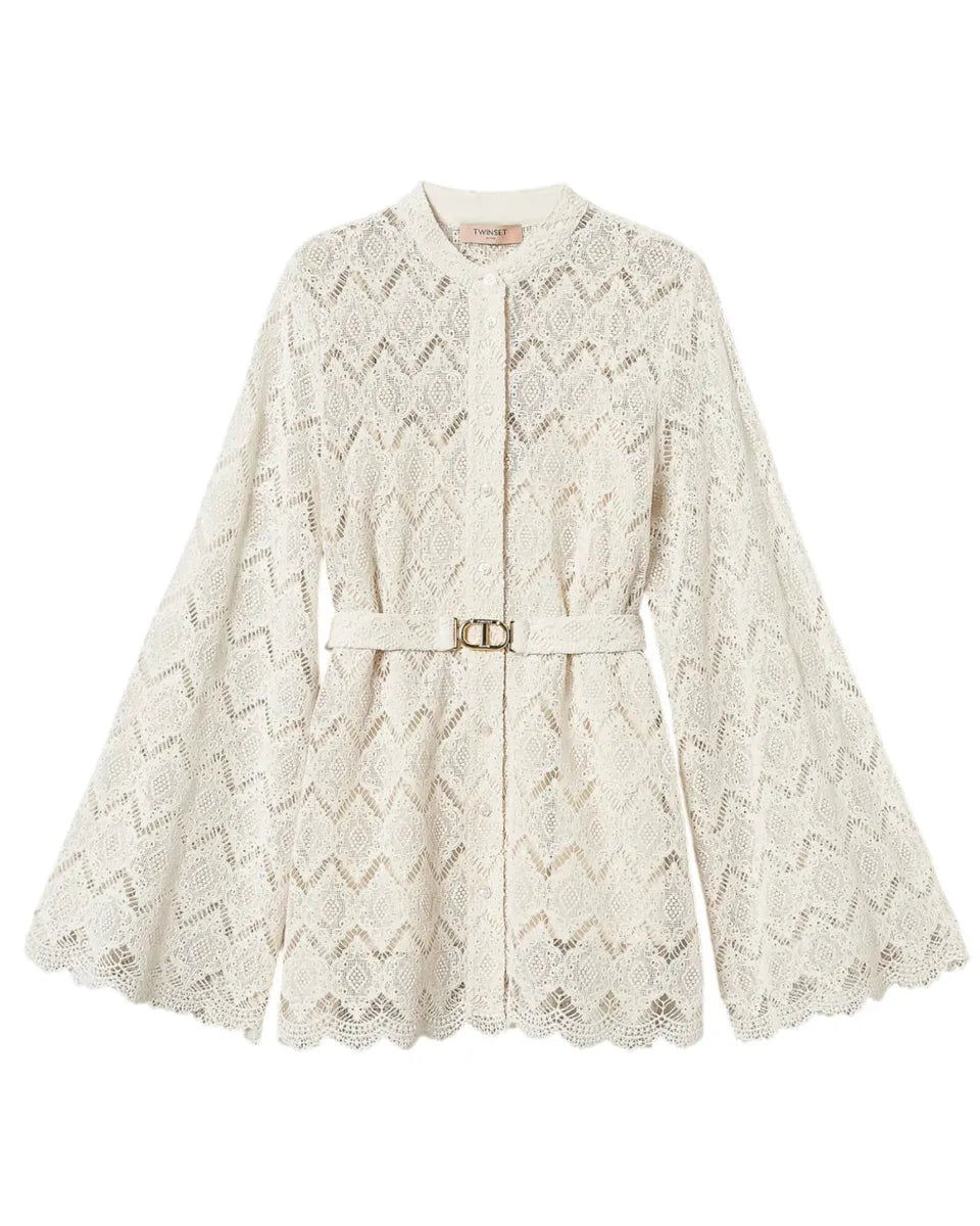 Maxi camicia in pizzo macramè con cintura e top abbinato-Twinset-Camicie-Vittorio Citro Boutique