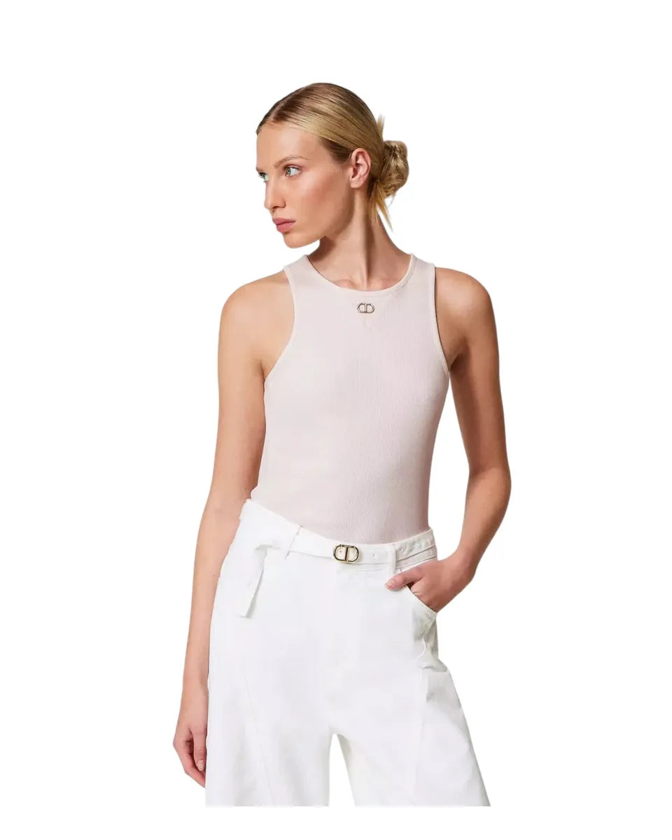 Top fitted a costine con logo Oval T strass-Twinset-Top-Vittorio Citro Boutique