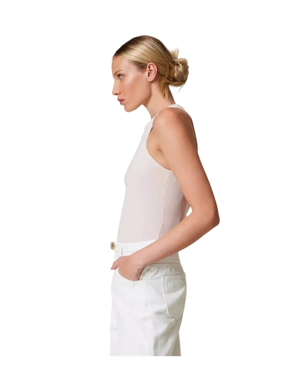 Top fitted a costine con logo Oval T strass-Twinset-Top-Vittorio Citro Boutique