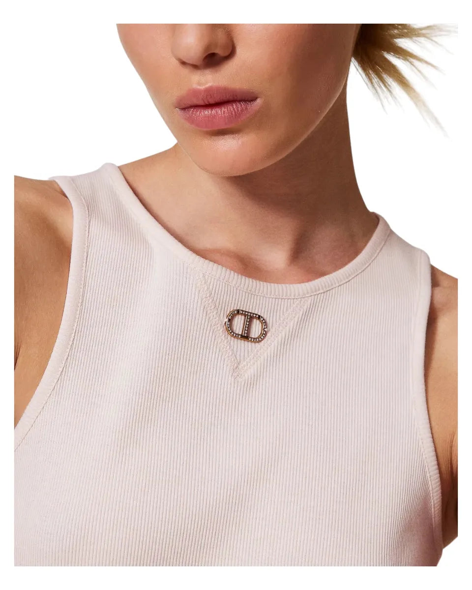 Top fitted a costine con logo Oval T strass-Twinset-Top-Vittorio Citro Boutique