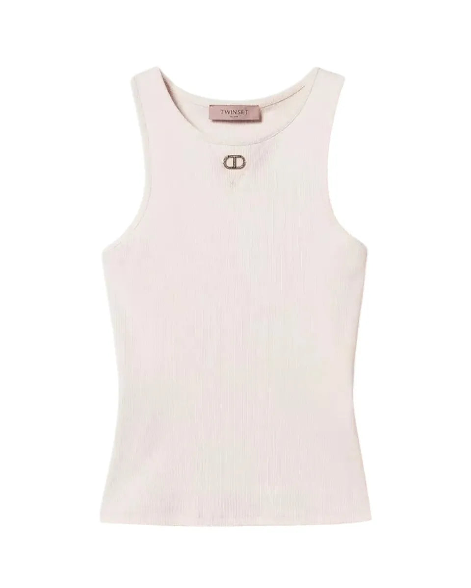 Top fitted a costine con logo Oval T strass-Twinset-Top-Vittorio Citro Boutique