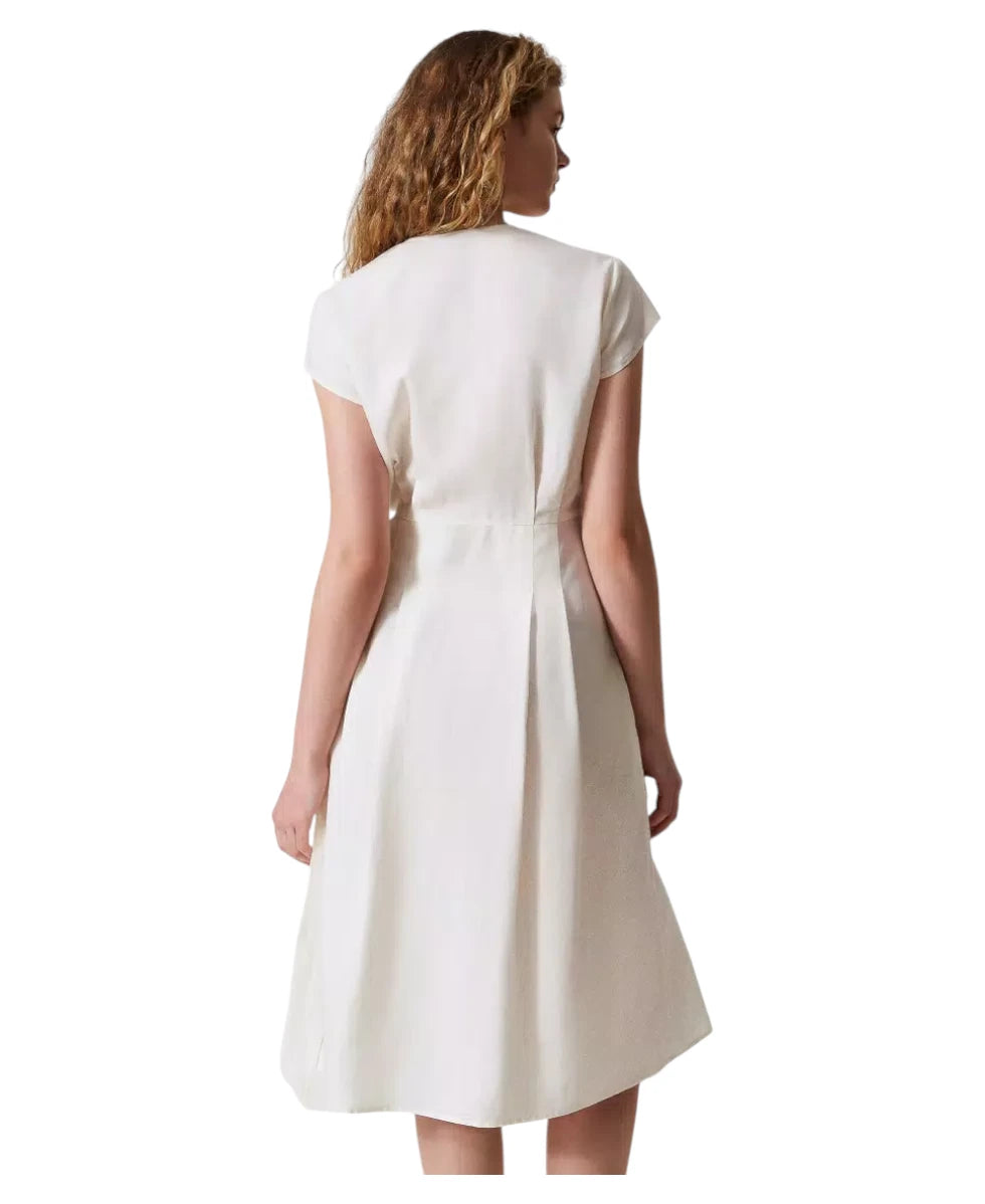 Abito longuette bianco a portafoglio in lino e lyocell con cintura