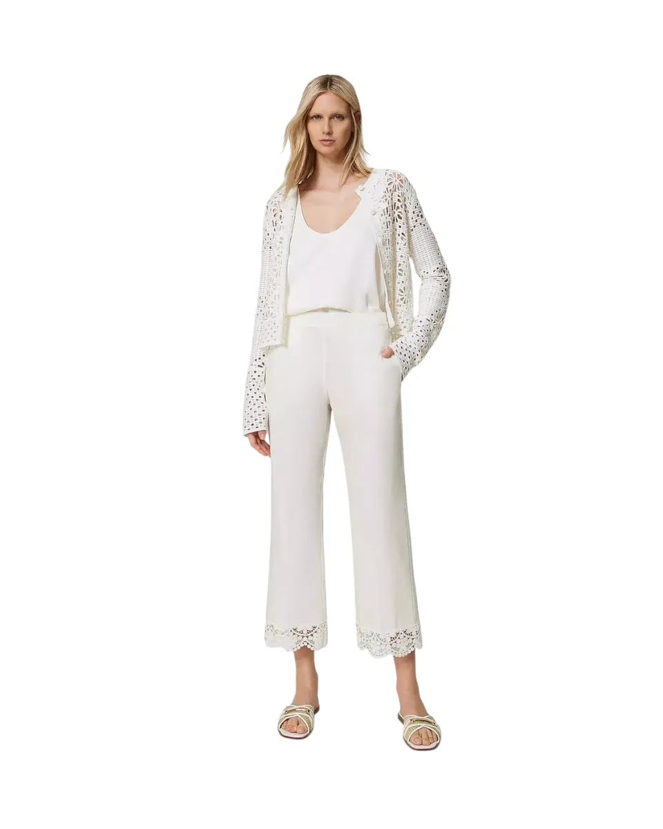 Pantaloni cropped in popeline con fondo in pizzo-Twinset-Pantaloni-Vittorio Citro Boutique