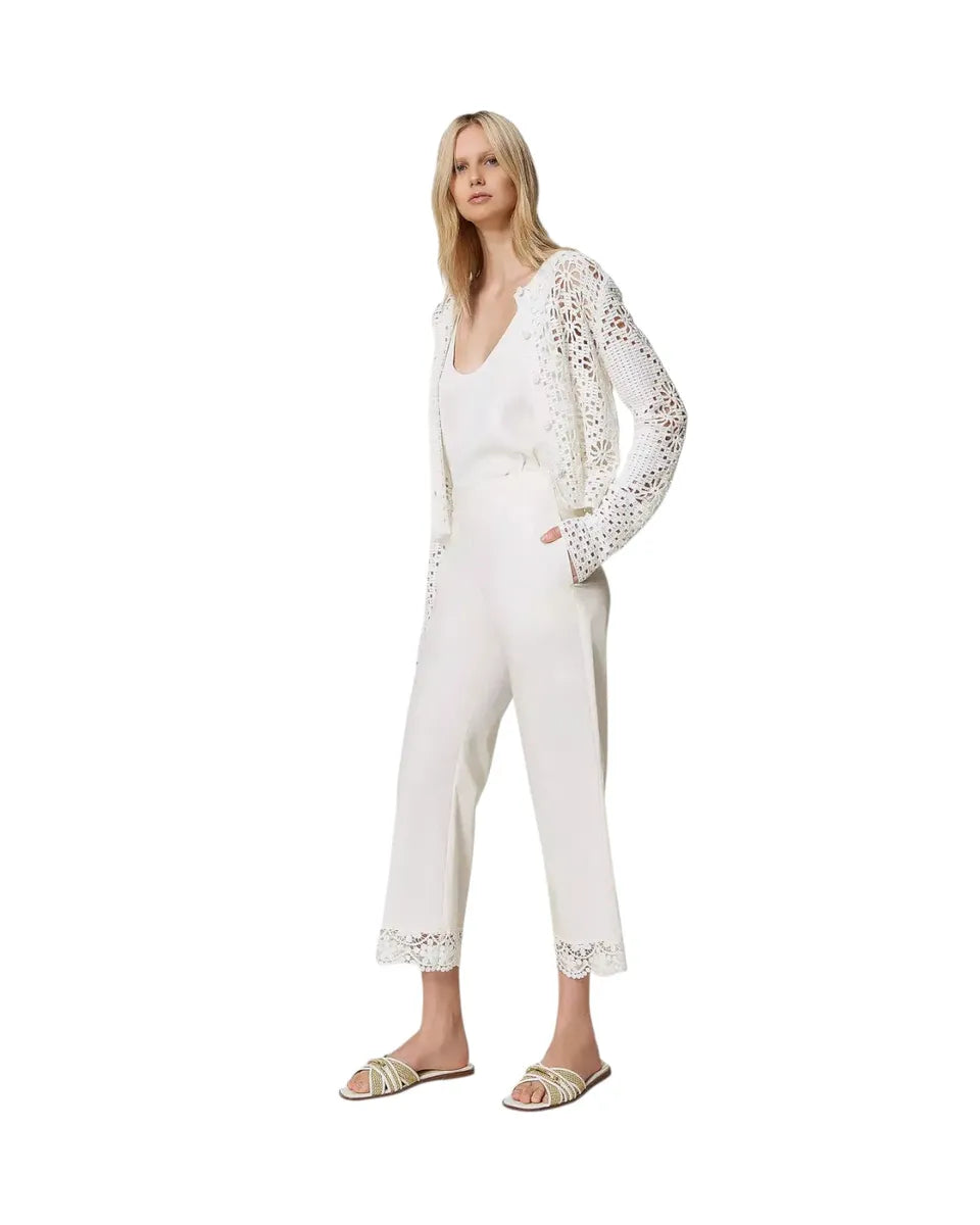 Pantaloni cropped in popeline con fondo in pizzo-Twinset-Pantaloni-Vittorio Citro Boutique