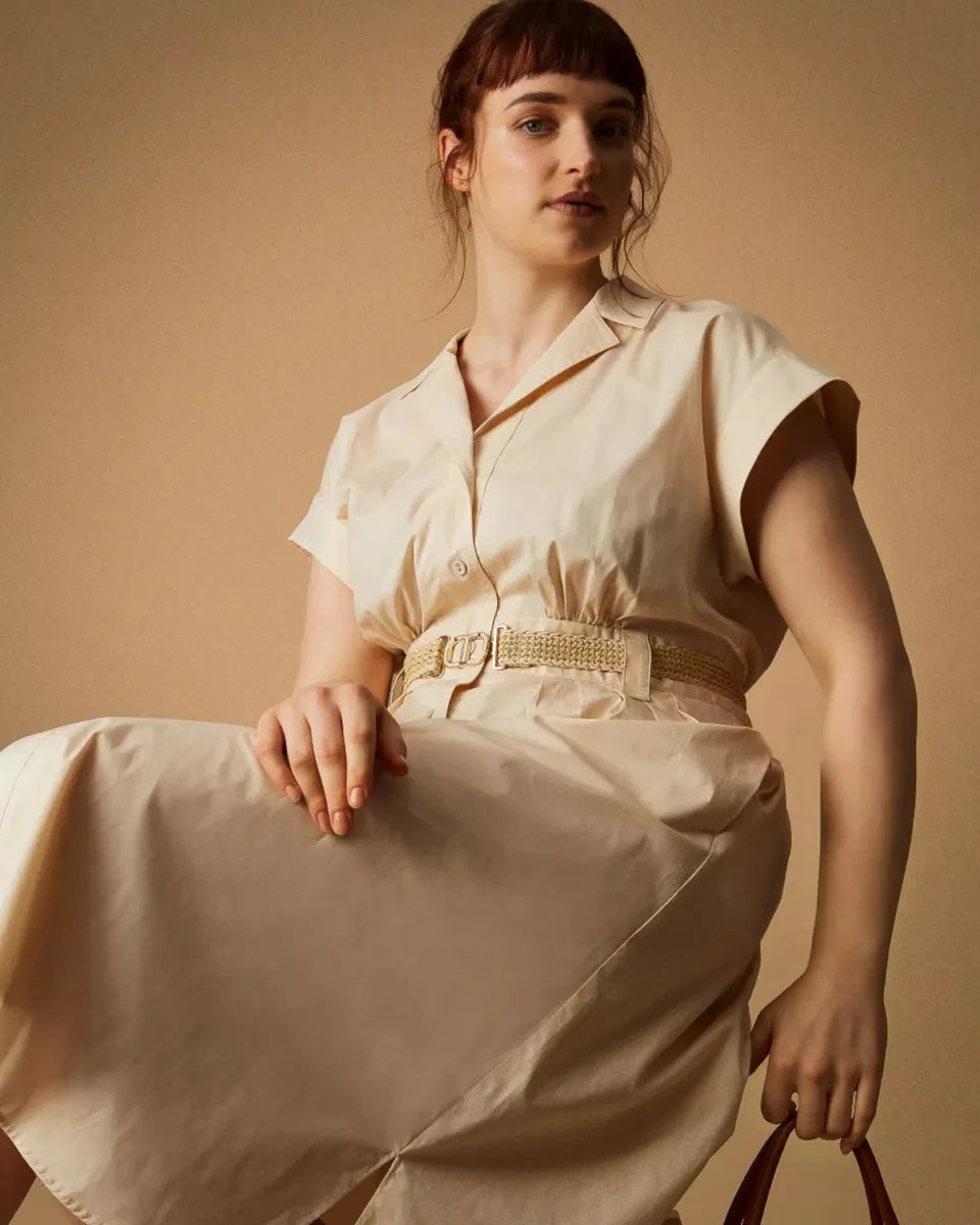 Abito chemisier longuette in popeline con cintura rafia-Twinset-Abiti-Vittorio Citro Boutique