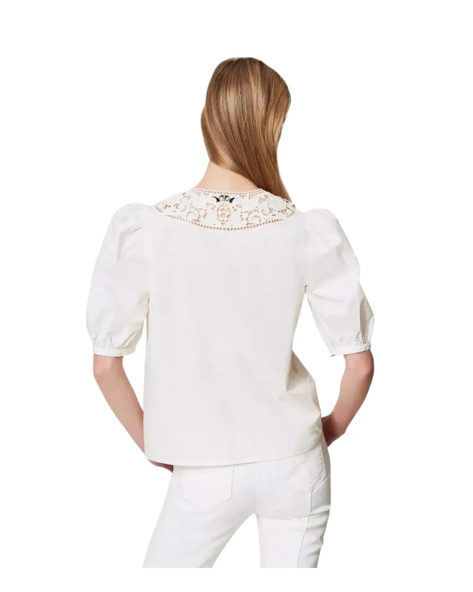 Blusa in popeline sangallo con maniche a sbuffo-Twinset-Camicie-Vittorio Citro Boutique