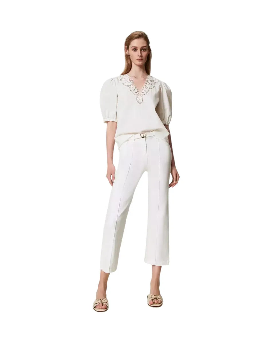 Blusa in popeline sangallo con maniche a sbuffo-Twinset-Camicie-Vittorio Citro Boutique