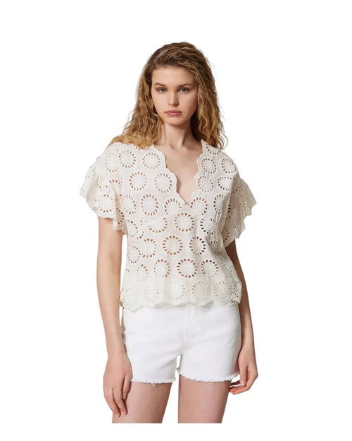 Blusa Maniche Smerlate Blusa Sangallo Cotone Ricamo V