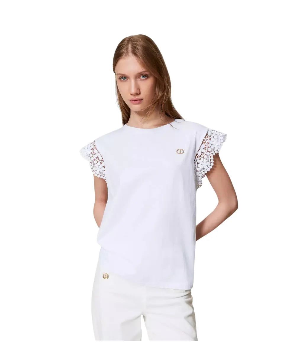 T-shirt in cotone con maniche ad aletta in pizzo-Twinset-Pantaloni-Vittorio Citro Boutique